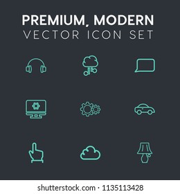 Modern, simple vector icon set on dark grey background with travel, light, cab, car, computing, web, taxi, button, audio, table, network, vehicle, communication, connection, transportation, hand icons