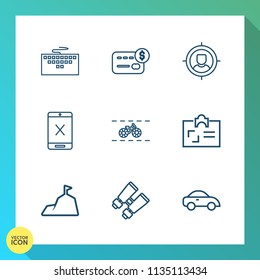 Modern, simple vector icon set on gradient background with computer, cancel, business, nature, pc, technology, watch, bank, landscape, keyboard, id, bicycle, balance, payment, subscription, card icons