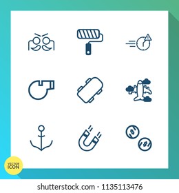 Modern, simple vector icon set on gradient background with night, object, travel, fun, referee, repair, currency, skate, money, magnetic, airplane, field, colorful, helm, business, rudder, party icons