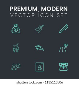 Modern, simple vector icon set on dark grey background with coin, communication, money, white, internet, music, traffic, finance, star, progress, musical, profile, hand, add, bank, road, guitar icons