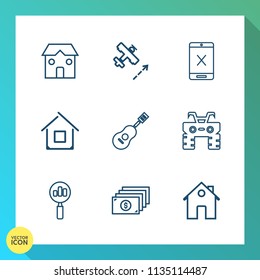 Modern, simple vector icon set on gradient background with cash, guitar, wheel, tv, transport, sound, extreme, cord, musical, search, coaxial, connection, industrial, subscription, equipment icons
