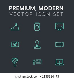 Modern, simple vector icon set on dark grey background with nature, aluminum, technology, landscape, food, equipment, display, laptop, construction, mountain, container, packaging, communication icons