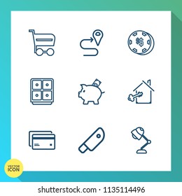 Modern, simple vector icon set on gradient background with trolley, house, card, route, store, shop, plastic, travel, lamp, safe, property, map, casino, key, gps, navigation, meat, luck, buy icons