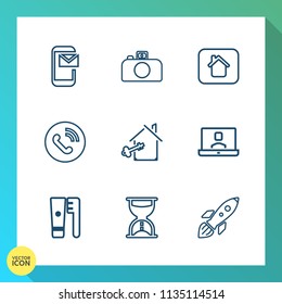 Modern, simple vector icon set on gradient background with clock, home, property, key, lens, contact, science, circle, photography, mail, health, timer, telephone, building, communication, new icons