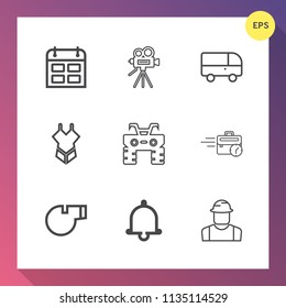 Modern, simple vector icon set on gradient background with dirt, schedule, notification, business, computer, date, day, bell, camera, tripod, engineer, retro, swimsuit, worker, video, woman, bus icons