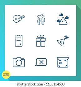 Modern, simple vector icon set on gradient background with string, paper, camera, people, phone, business, package, career, present, sound, finance, management, musical, sky, closed, person, box icons