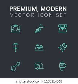 Modern, simple vector icon set on dark grey background with travel, lens, map, trumpet, music, traffic, jazz, instrument, transportation, projection, media, handle, bar, direction, vintage, van icons