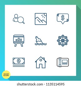 Modern, simple vector icon set on gradient background with account, infographic, estate, phone, nautical, wheel, background, picture, search, photography, landscape, chart, tourism, template icons