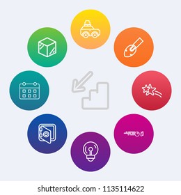 Modern, simple vector icon set on colorful circle backgrounds with construction, hit, white, time, hobby, falling, car, shiny, banking, safety, electricity, suitcase, bulb, stairs, equipment, up icons