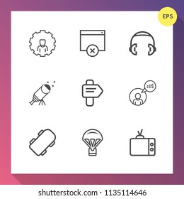 Modern, simple vector icon set on gradient background with direction, computer, video, page, freelance, night, music, skate, listen, speaker, web, jump, board, audio, mobile, application, arrow icons