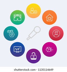 Modern, simple vector icon set on colorful circle backgrounds with house, sound, technology, social, status, beauty, male, template, home, shipment, unlock, internet, profile, open, doctor, mic icons