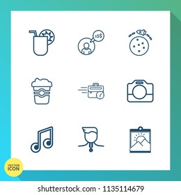 Modern, simple vector icon set on gradient background with internet, sound, late, note, summer, success, juice, medal, cup, handle, space, equipment, glass, tropical, planet, work, musical, ice icons