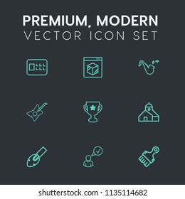 Modern, simple vector icon set on dark grey background with freight, shipping, safe, internet, achievement, bank, equipment, finance, logistic, delivery, paint, brass, building, complete, brush icons