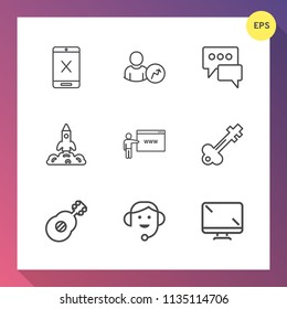 Modern, simple vector icon set on gradient background with message, chat, center, launch, display, internet, space, bubble, lock, television, business, cable, wire, digital, guitar, web, stop icons