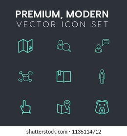 Modern, simple vector icon set on dark grey background with europe, account, boy, chatting, technology, earth, global, online, chat, social, touch, hand, geography, web, search, male, map, young icons