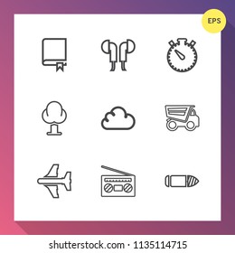 Modern, simple vector icon set on gradient background with equipment, study, environment, headset, record, time, truck, school, textbook, weapon, dumper, clock, timer, device, library, landscape icons