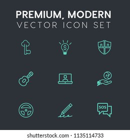 Modern, simple vector icon set on dark grey background with dollar, tool, safety, emergency, internet, laboratory, pen, shield, investment, door, businessman, white, antique, business, guitar icons