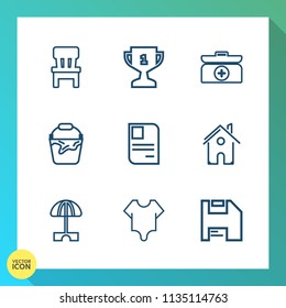 Modern, simple vector icon set on gradient background with place, handle, first, room, award, cute, computer, cross, victory, comfortable, winner, parasol, seat, emergency, estate, business, aid icons