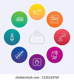 Modern, simple vector icon set on colorful circle backgrounds with oven, estate, interior, position, cooking, house, object, lamp, cello, destination, kitchen, profile, violoncello, tie, leather icons