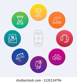 Modern, simple vector icon set on colorful circle backgrounds with housework, time, watch, nature, minute, support, summer, countdown, retail, palm, sand, light, clock, receipt, supermarket icons