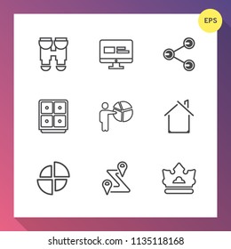 Modern, simple vector icon set on gradient background with computer, business, architecture, meeting, presentation, internet, optical, crown, social, map, reflection, chart, bank, discovery, pie icons