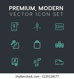 Modern, simple vector icon set on dark grey background with sign, location, book, sound, place, traffic, bank, safe, business, bag, van, contact, address, web, present, transportation, people icons