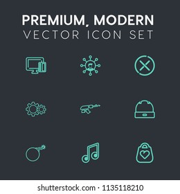 Modern, simple vector icon set on dark grey background with stop, cutout, credit, fashion, display, payment, sign, falling, style, banking, music, white, hat, mobile, business, bomb, buy, note icons