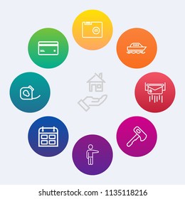 Modern, simple vector icon set on colorful circle backgrounds with tool, blank, hammer, rent, money, house, banking, post, showing, electrical, timetable, buy, schedule, property, file, letter icons