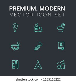 Modern, simple vector icon set on dark grey background with contact, technology, van, bugle, satellite, care, snorkel, sign, location, antenna, navigation, book, adventure, news, health, office icons