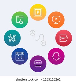 Modern, simple vector icon set on colorful circle backgrounds with destination, file, clean, transport, machine, office, double, paper, position, technology, communication, navigation, web, call icons