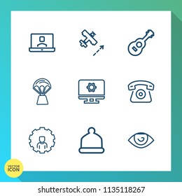 Modern, simple vector icon set on gradient background with cap, web, aviation, eye, cell, airplane, online, people, call, fashion, computer, technology, young, mobile, woman, fly, hot, video icons