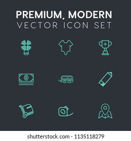 Modern, simple vector icon set on dark grey background with money, model, tape, cup, insulating, competition, lighthouse, female, vehicle, business, location, pencil, sea, winner, body, cute icons