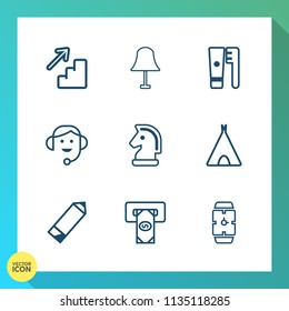 Modern, simple vector icon set on gradient background with electricity, call, pen, clean, lamp, machine, strategy, health, time, horse, chessboard, adventure, chess, sign, downstairs, upstairs icons