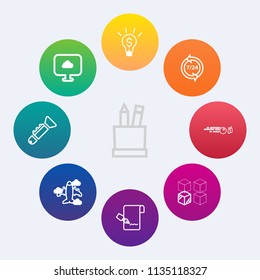 Modern, simple vector icon set on colorful circle backgrounds with relocation, trumpet, support, replacement, bugle, cloud, business, aircraft, drawing, pen, stationery, house, ball, flight, hit icons