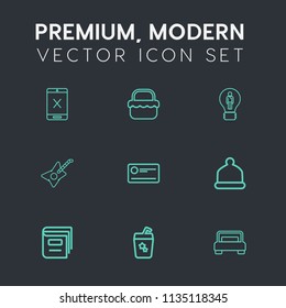 Modern, simple vector icon set on dark grey background with library, drink, double, musical, concept, bed, book, payment, finance, subscription, head, music, white, idea, cord, wire, guitar, cap icons