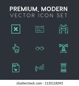 Modern, simple vector icon set on dark grey background with blank, list, wheel, closed, billboard, banner, personal, technology, notebook, dirt, growth, eyeglasses, communication, eye, shopping icons