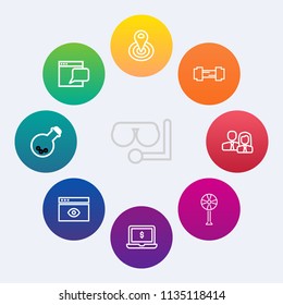Modern, simple vector icon set on colorful circle backgrounds with screen, medicine, beach, sport, fitness, exercise, fan, snorkel, mask, notebook, sea, gym, electric, browser, circle, network icons