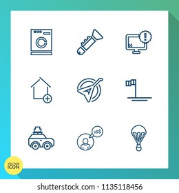 Modern, simple vector icon set on gradient background with parachute, mexico, freelancer, domestic, extreme, washer, equipment, housework, house, laundry, clothes, appliance, bag, internet, car icons