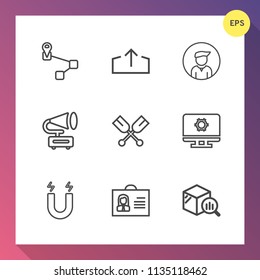 Modern, simple vector icon set on gradient background with web, record, point, person, music, female, field, vintage, boy, technology, navigation, statistic, boat, download, report, paddle, pin icons