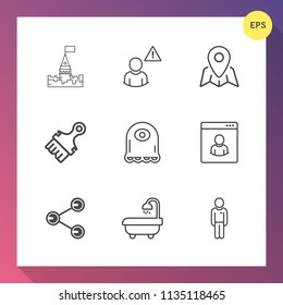 Modern, simple vector icon set on gradient background with sign, bathroom, travel, interior, network, , business, alien, building, profile, location, male, map, social, navigation, people, funny icons