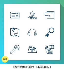 Modern, simple vector icon set on gradient background with nature, travel, repair, audio, message, light, balance, sign, card, dialog, tool, sky, gramophone, sunset, purchase, wrench, map, money icons