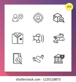 Modern, simple vector icon set on gradient background with map, application, shirt, concept, destination, travel, home, banking, target, online, group, statistic, money, zoom, customer, delivery icons