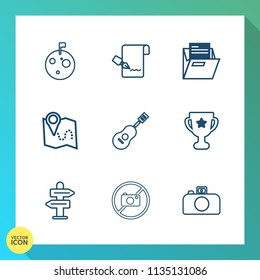 Modern, simple vector icon set on gradient background with music, folder, travel, pen, empty, business, musical, white, star, open, moon, map, place, flag, planet, guitar, first, blank, winner icons