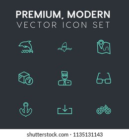 Modern, simple vector icon set on dark grey background with wheel, sea, surf, bike, surfer, wild, profile, web, package, transportation, ship, weight, download, wave, ocean, location, eye, map icons