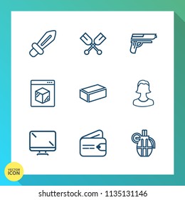 Modern, simple vector icon set on gradient background with grenade, shipping, avatar, sword, knight, display, rowing, human, oar, antique, pistol, blade, canoe, monitor, paddle, medieval, battle icons