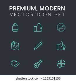 Modern, simple vector icon set on dark grey background with background, pin, find, camera, pencil, map, fashion, up, forbidden, success, education, technology, chart, search, style, musical, bag icons