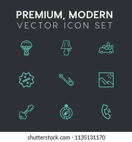 Modern, simple vector icon set on dark grey background with skydiving, fly, telephone, lorry, sky, travel, fishing, photography, parachuting, label, hook, transport, parachute, shipping, sport icons