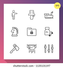 Modern, simple vector icon set on gradient background with vitamin, finger, security, hammer, message, equality, file, lock, letter, medicine, health, white, strategy, travel, business, female icons