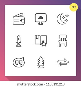 Modern, simple vector icon set on gradient background with chat, space, night, chair, star, bubble, room, web, payment, home, tree, speech, sky, landscape, interior, finance, message, forest icons