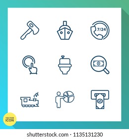 Modern, simple vector icon set on gradient background with toilet, help, tool, concept, cash, button, restroom, screwdriver, travel, business, boat, transportation, bathroom, transport, bank, wc icons